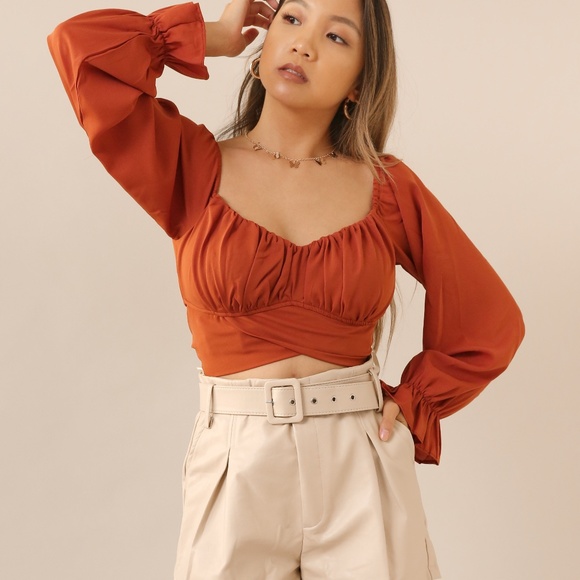 Red wrap off the shoulder crop long sleeve top - Picture 3 of 4